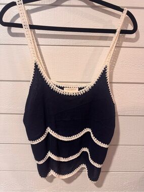 Ramy Brook New York Ariel Navy & White Crochet-Trim Tank Top - Medium